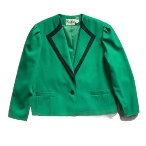 Vintage 80s 90s Kelly green blazer with black button and lapels